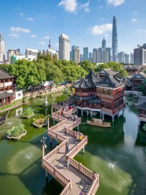 View above Yu Yuan Gardens with Pudong skyline in the background, Shanghai, China