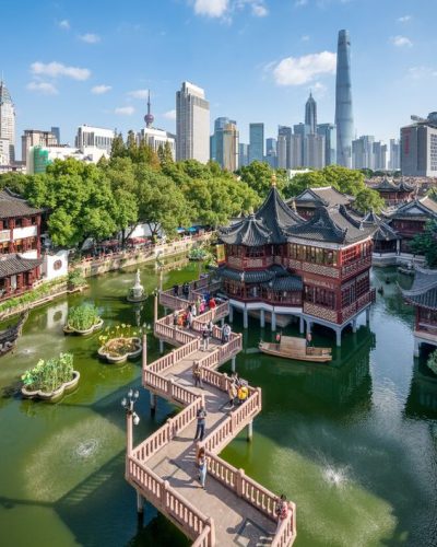 View above Yu Yuan Gardens with Pudong skyline in the background, Shanghai, China