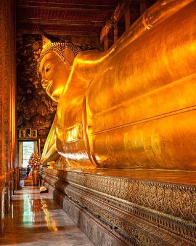 Reclining Buddha gold statue. Wat Pho, Bangkok, Thailand