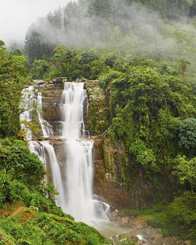 Waterfall in deep forest near Nuwara Eliya in Sri Lanka.