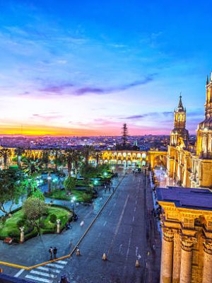 Night falling on the Plaza de Armas in the historic center of Arequipa, Peru