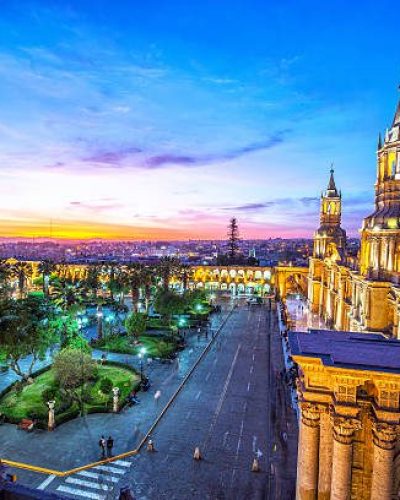 Night falling on the Plaza de Armas in the historic center of Arequipa, Peru